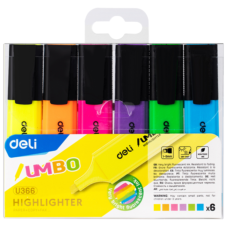 Набор текстовыделителей DELI "U366" скошенный, 1-5 мм, ассорти, 6 цветов