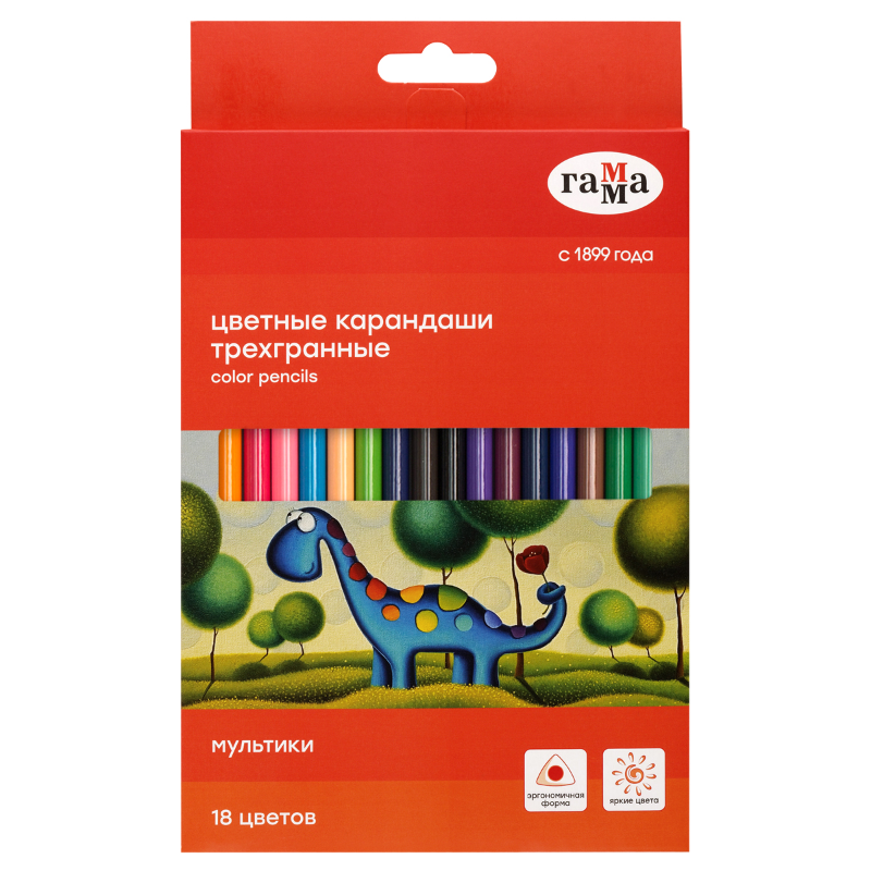 Карандаши цветные Гамма "Мультики" трехгранные, 18 цветов